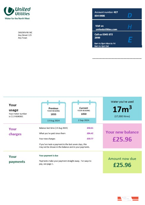 United Kingdom United Utilities business utility bill Word and PDF template PSD template